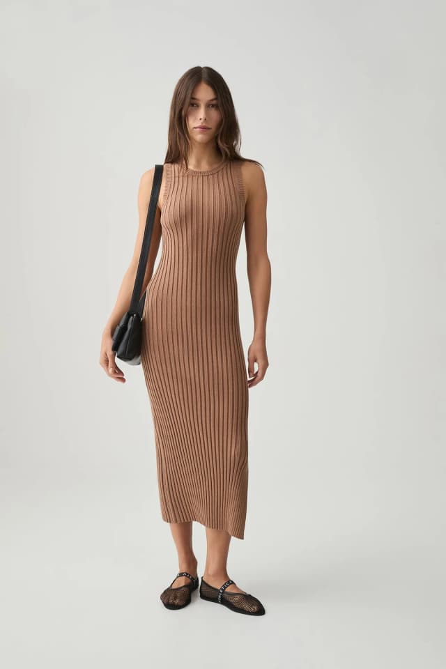Athletica Rib Knit Hem Split Dress 816 in DARK CAMEL, image 1 of 1 from Aje