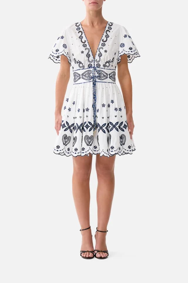Camilla eBoutique DEEP V MINI DRESS WITH TIES A TILED WONDERLAND, image 1 of 1 from CAMILLA