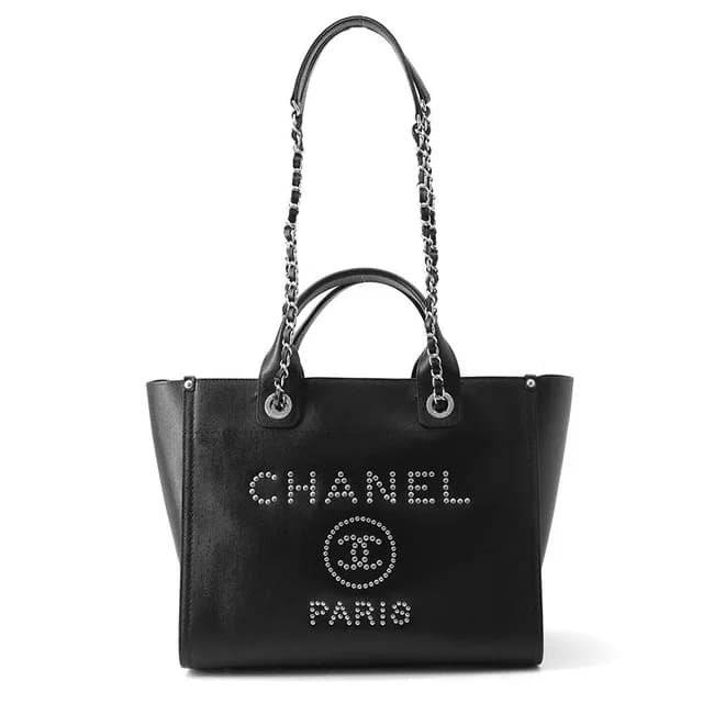 Chanel Tote Bag Deauville Shopping CC Logo Studs Caviar Leather 2-Way Black in Black Caviar leather from The Reluxe, photo 1 of 1