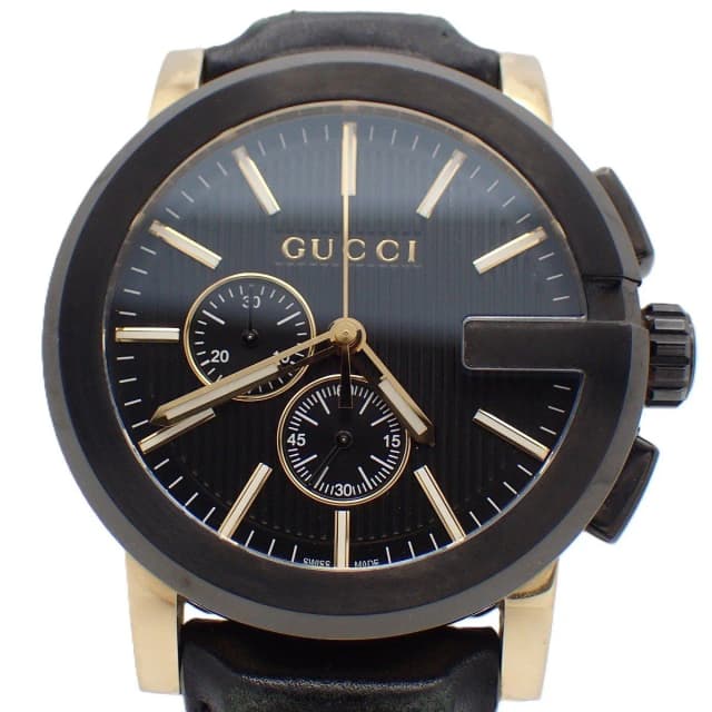Gucci 101.2 Chronograph Quartz Watch Gold Black Dial Leather Strap Pawn in Black Leather from The Reluxe, photo 1 of 1