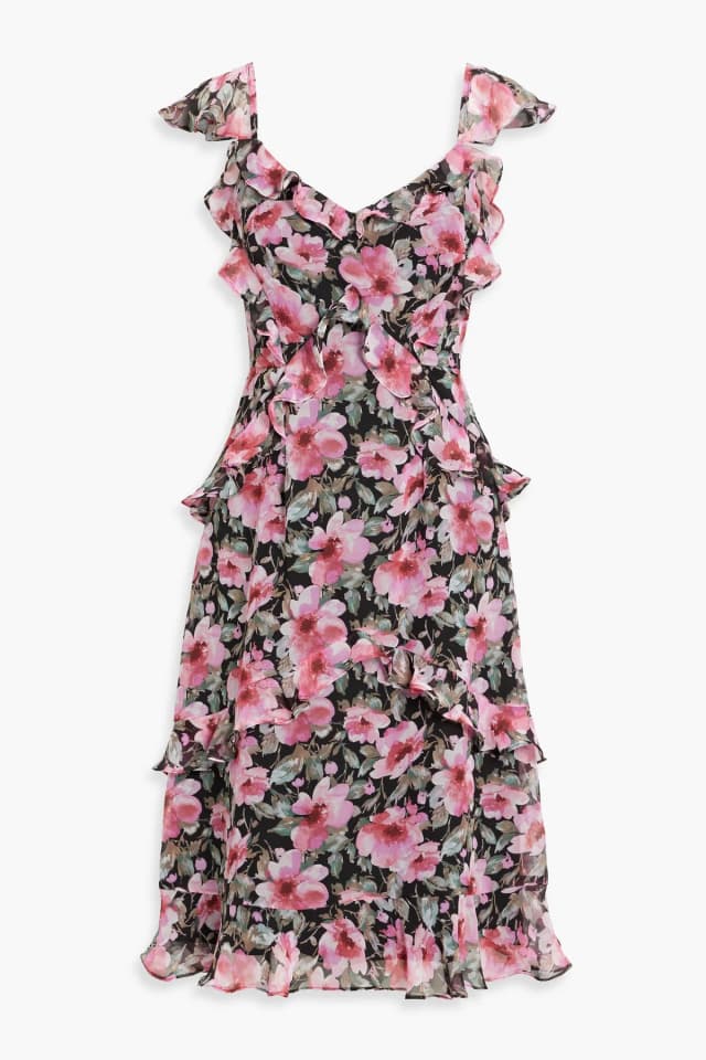 Mikael Aghal Ruffled Floral-Print Chiffon Midi Dress in Black, image 1 of 1 from THE OUTNET
