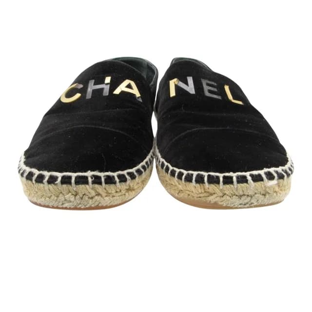 Chanel Slip-on Espadrilles Velour Logo Plate Flat Shoes Jute Black in Black from The Reluxe, photo 1 of 1