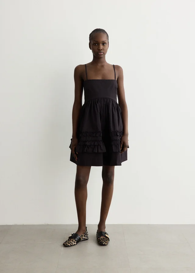 Ganni Stretch Cotton Mini Strap Dress With Frills in Black, image 1 of 1 from Incu