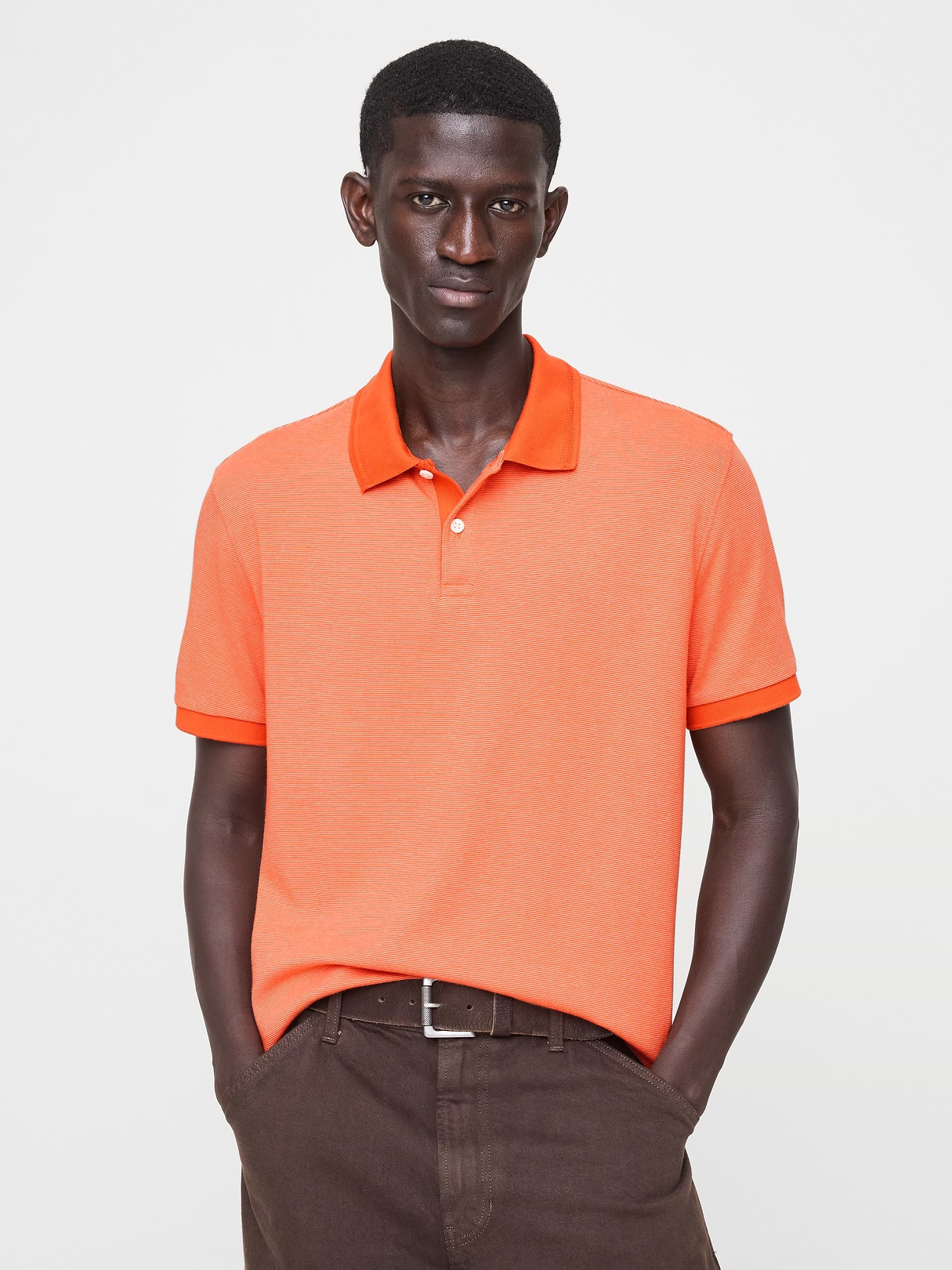 Luxury-Touch Polo in Coral Orange Stripe, image 1 of 1 from Banana Republic (US)