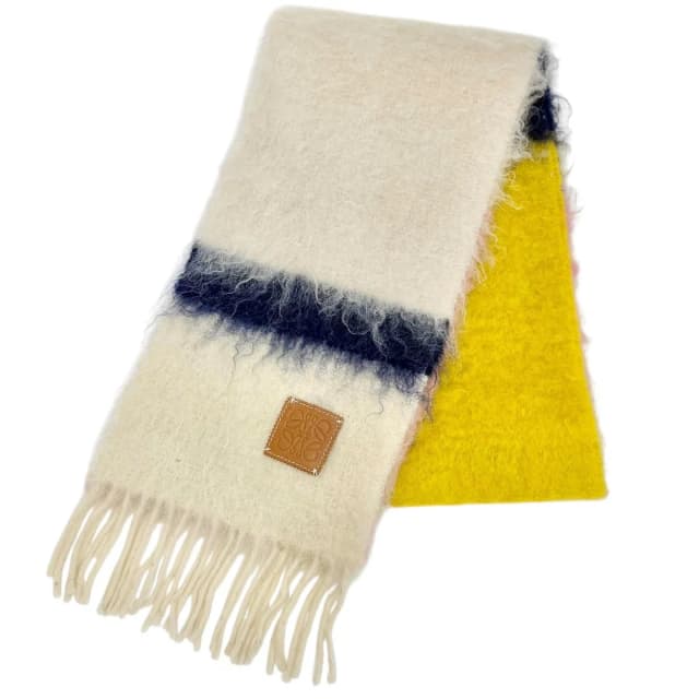 Loewe Wool Mohair Anagram Leather Patch Border Fringe Long Scarf Ivory in White Wool from The Reluxe, photo 1 of 1