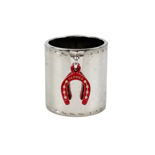 Hermès & Red Enamel Charms Fer a Cheval Horseshoe Scarf Ring in Silver & Red Palladium from Designer Archives, photo 1 of 1