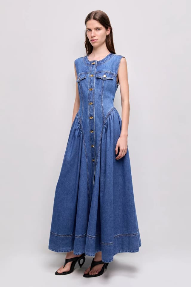 AJE Loxley Denim Midi Dress in MID WASH BLUE, image 1 of 1 from Aje