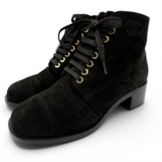 Chanel CC Logo Embroidery Shearling Boots Ankle Black in Black from The Reluxe, photo 1 of 1