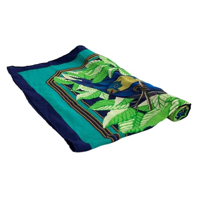 Hermès Shawl Carre 90 Navy Green les Perroquets Bird Leaf Pattern Cashmere Silk in Navy Silk from The Reluxe, photo 1 of 1