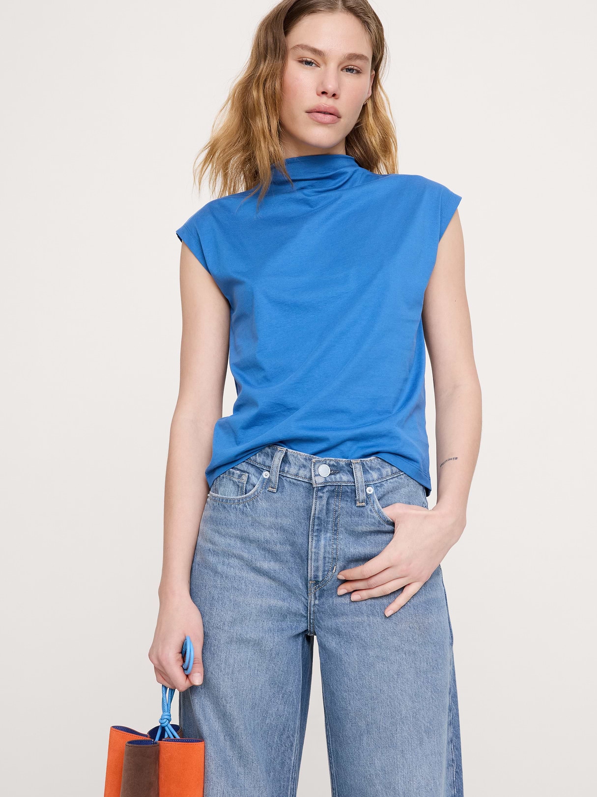 Banana Republic Silky Cotton Mock-Neck Top in Rain Shower Blue, image 1 of 1 from Banana Republic (Canada)