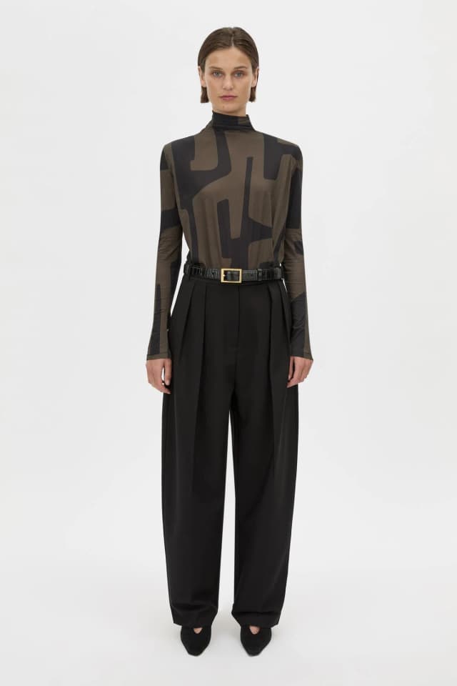 C&M CAMILLA AND MARC SALE Eidra Printed Long Sleeve Bodysuit in khaki print, image 1 of 1 from Camilla and Marc