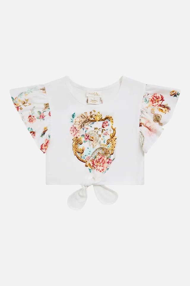 Camilla eBoutique KIDS TIE FRONT CROP TEE WITH FRILL SLEEVE OTTOMAN DYNASTY, image 1 of 1 from CAMILLA