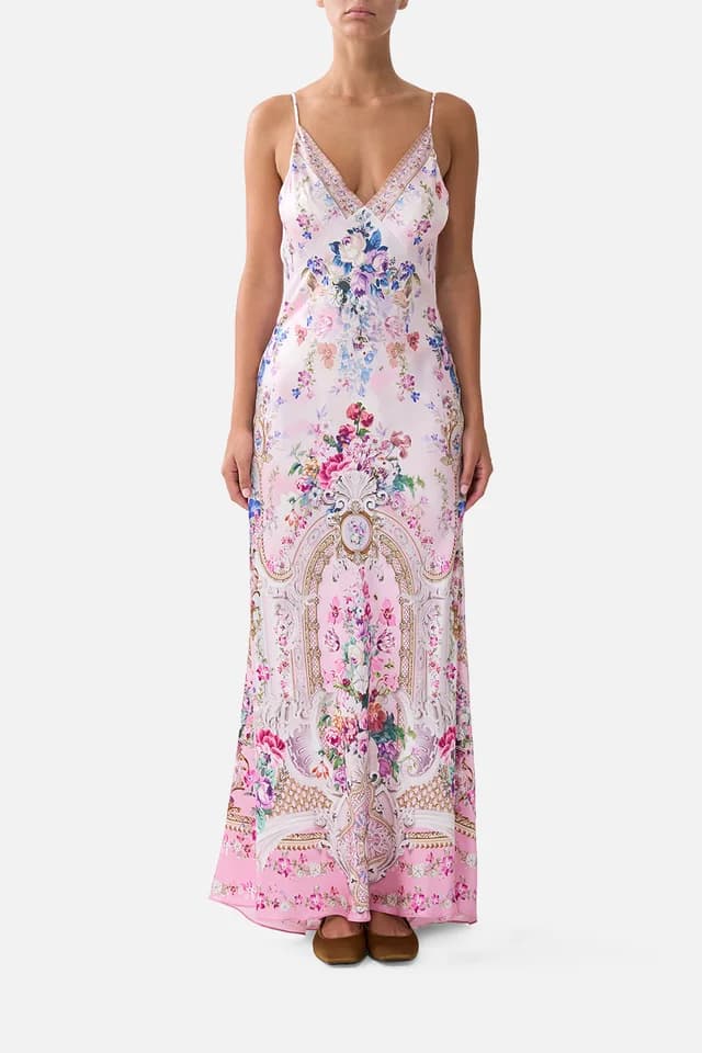 Camilla eBoutique V-NECK LONG BIAS SLIP DRESS WITH TRAIN PALATIAL PASTELS, image 1 of 1 from CAMILLA