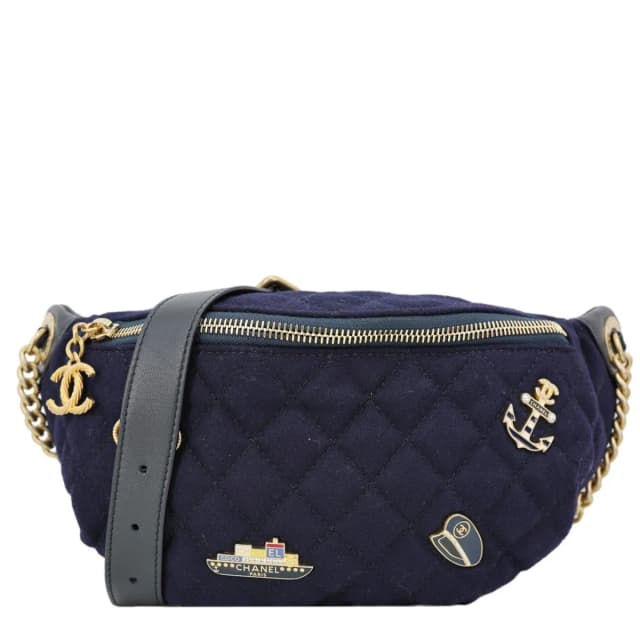 Chanel Paris Hamburg Charms Quilted Wool Waist Bag Navy Blue in Navy Wool from Dallas Designer Handbags, photo 1 of 1