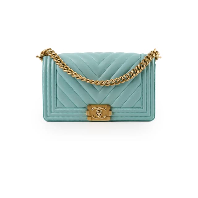 Chanel Old Medium Boy Chevron Calfskin Tiffany Blue in Blue Calfskin from The Purse Affair, photo 1 of 1