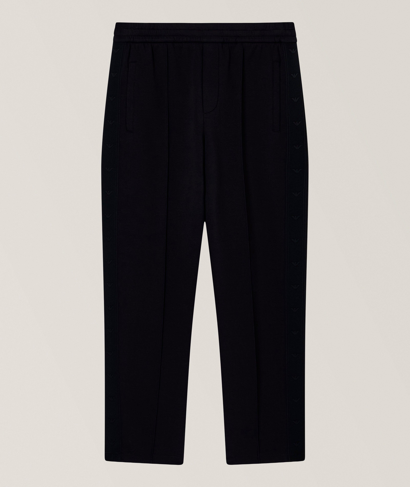 Emporio Armani Micro-Eagle Tape Double-Jersey Pants in Black 76% cotton, 18% polyester, 6% elastane, image 1 of 1 from Harry Rosen