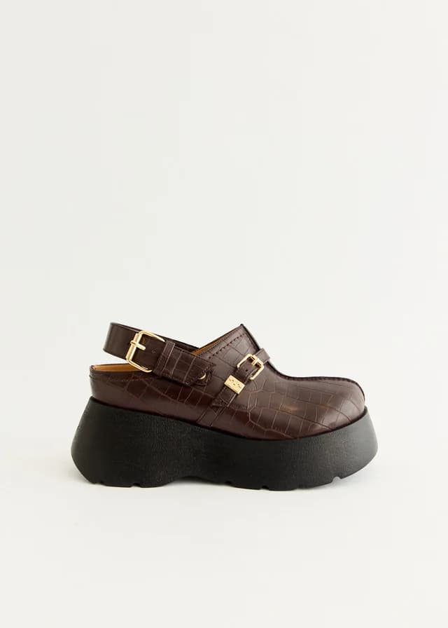 Ganni Platform Brown Croco Clogs in Chocolate Fondant 890, image 1 of 1 from Incu