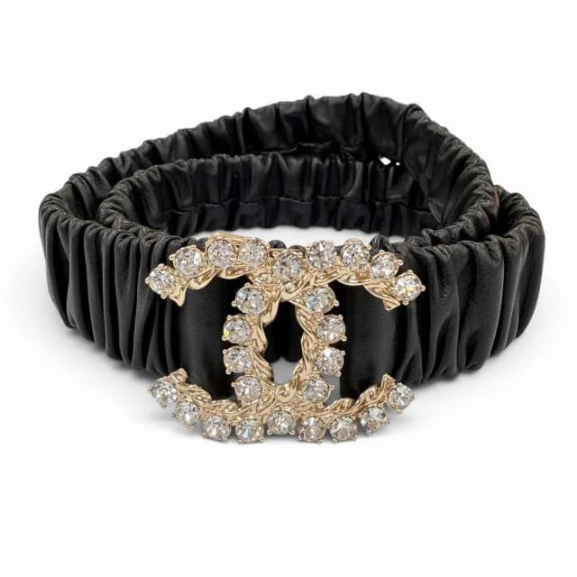 Chanel 21c CC Logo Rhinestone Leather Rubber Belt Black Gold in Black Leather from The Reluxe, photo 1 of 1