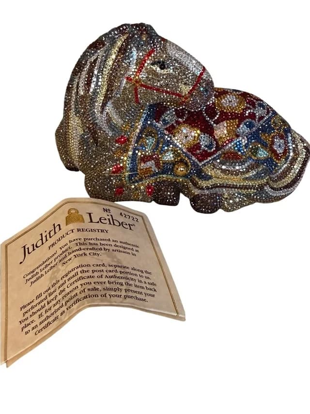 Judith Leiber Crystal Horse Clutch Minaudire Swarovski Evening Bag in silver|gray|red Leather from Poshmark, photo 1 of 1