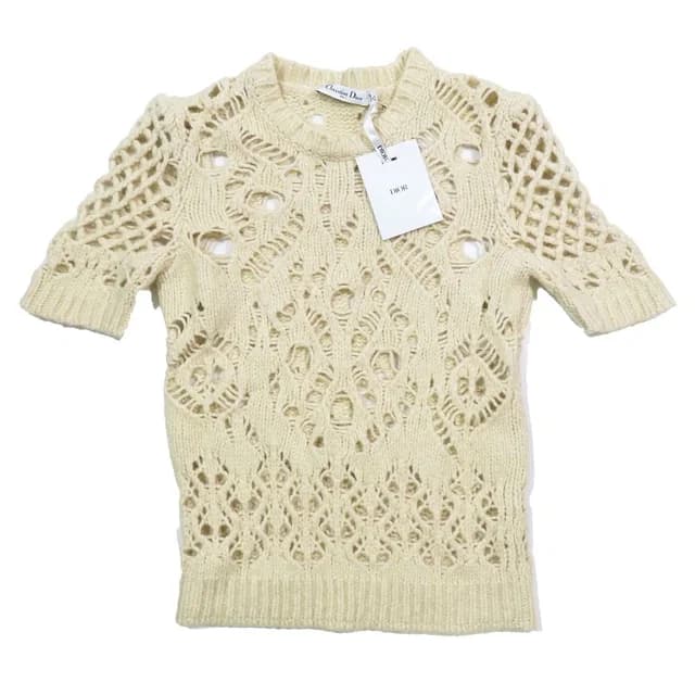 Dior Wool Camel Short Sleeve Crochet Knit Sweater 40 Ivory in Brown Wool from The Reluxe, photo 1 of 1
