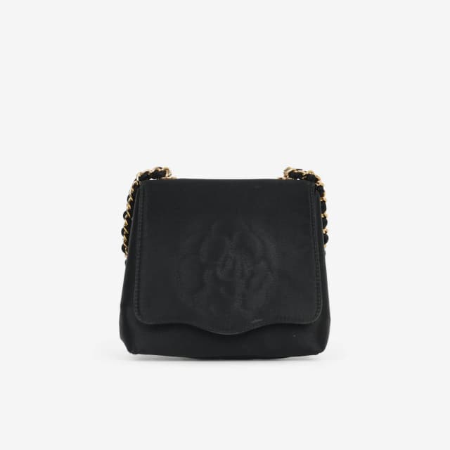 Chanel Vintage Camellia Clutch On Chain - Black Satin | Gold Hardware in Black Satin from Bagista, photo 1 of 1