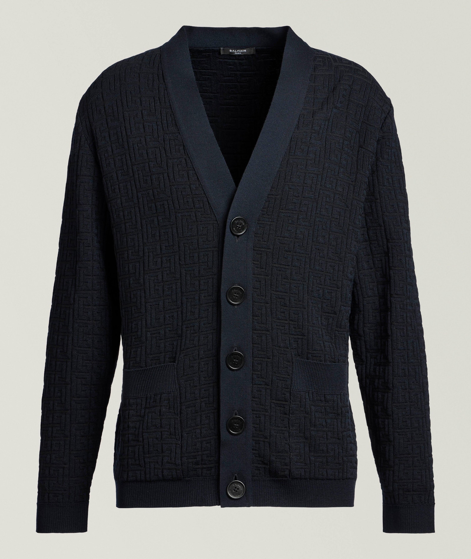 Balmain Monogram Wool-Linen Knit Cardigan in Blue Wool & Wool Blends, image 1 of 1 from Harry Rosen