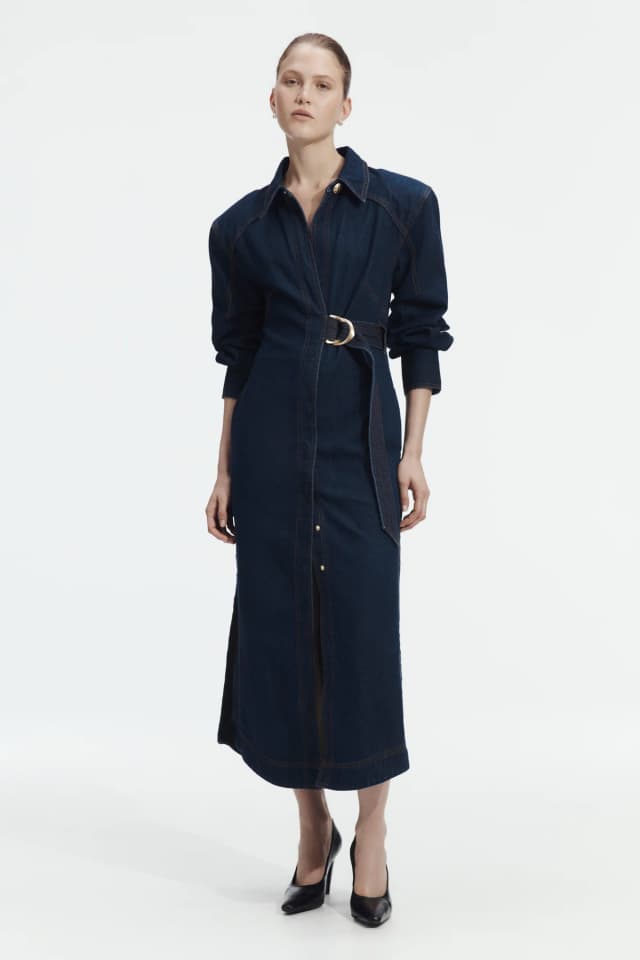AJE Seren Denim Midi Dress in DARK CLASSIC WASH, image 1 of 1 from Aje