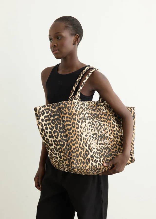 Ganni Shopper XXL Pocket Print Tote in Leopard, image 1 of 1 from Incu