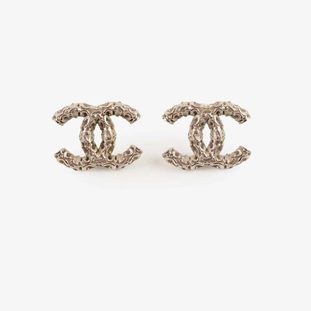Chanel Large Textured CC Silver Stud Earrings in Silver from The Purse Affair, photo 1 of 1