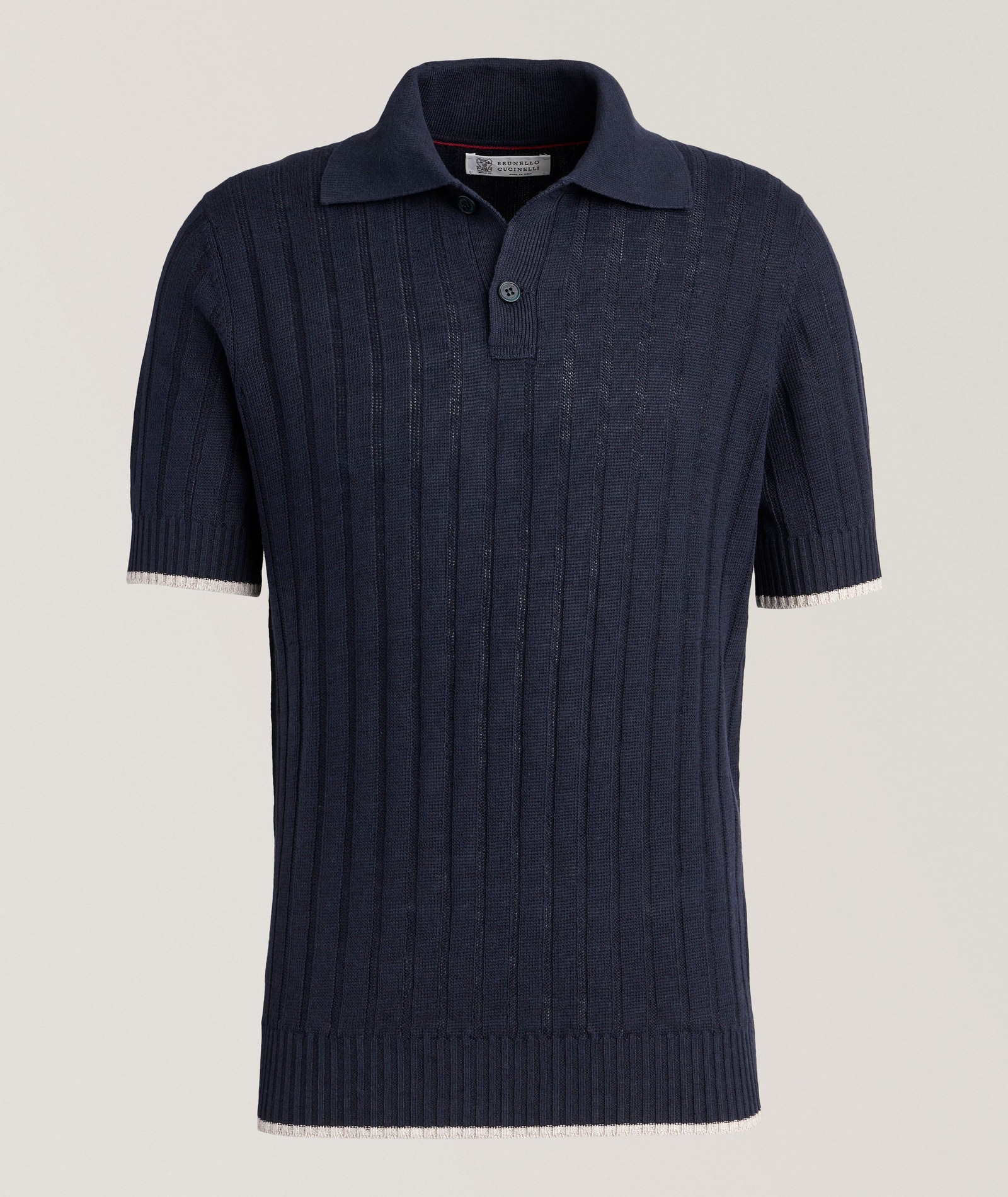 Brunello Cucinelli Wide Rib Knit Polo Sweater in Blue Cotton & Cotton Blends, image 1 of 1 from Harry Rosen