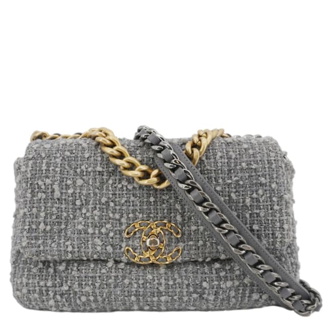 CHANEL 19 Flap Medium Quilted Tweed Shoulder Bag Gray in Grey Tweed from Dallas Designer Handbags, photo 1 of 1