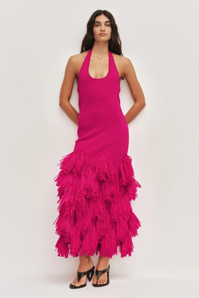 AJE Elva Raffia Knit Midi Dress in FUSCHIA, image 1 of 1 from Aje