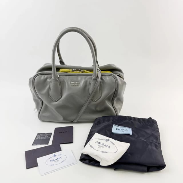 Prada Inside Soft Calfskin 2-Way Shoulder Bag Leather Gray Lime Green Silver in Green Calfskin from The Reluxe, photo 1 of 1