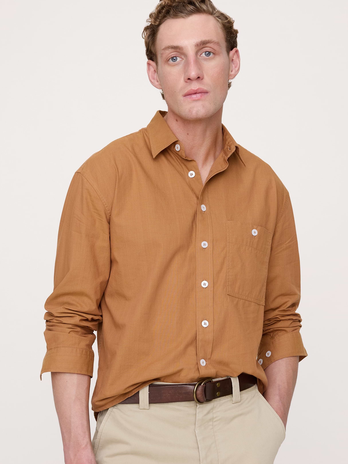 Banana Republic Relaxed-Fit Washed Cotton Poplin Shirt in Mustard Yellow, image 1 of 1 from Banana Republic (US)