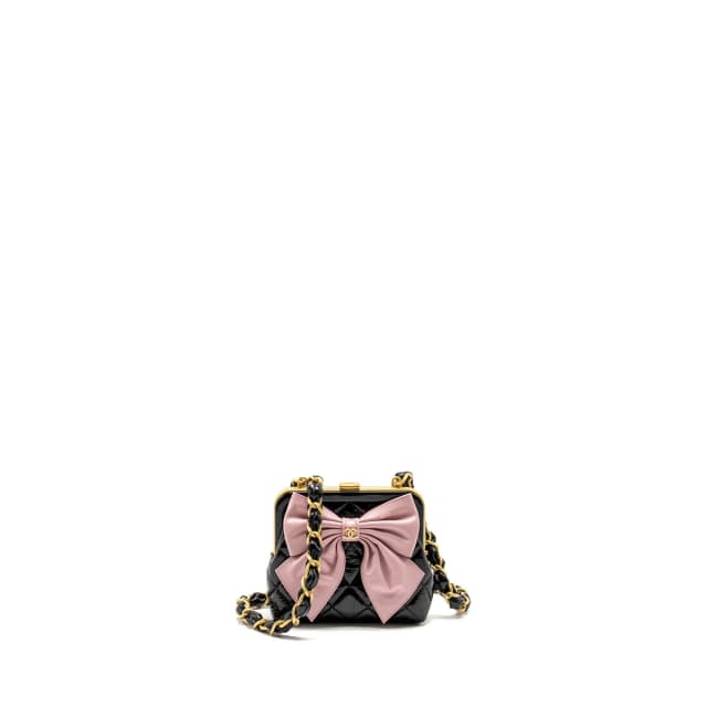 Chanel 24A Bowknot Clutch With Chain Patent Crumpled lambskin/Shiny Lambskin Black/Pink GHW (Microchip) in Black Lambskin from EMIER, photo 1 of 1