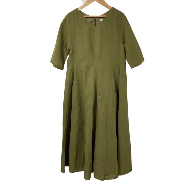 Max Mara S Cotton Linen Neck Flare Dress Khaki 38 in Green from The Reluxe, photo 1 of 1