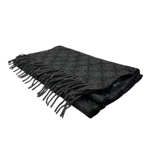 Gucci GG Gray Black Fringe Scarf in Black Cashmere from The Reluxe, photo 1 of 1