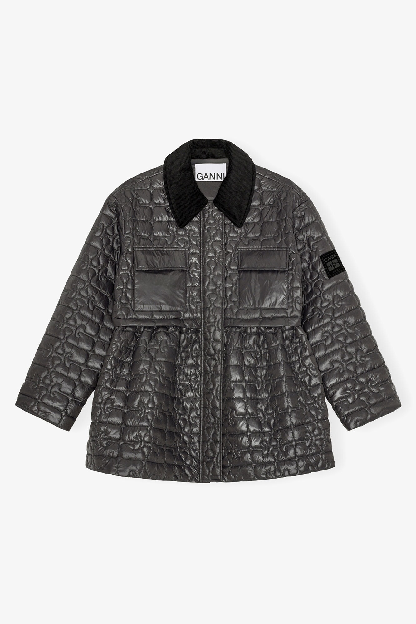 GANNI Dark Grey Quilt Midi Jacket in Phantom 100% recycled nylon, image 1 of 1 from GANNI (Canada)