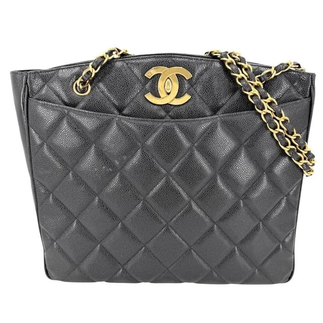 Chanel Big Handbag Quilted CC Logo Chain Tote Shoulder Caviar Leather Black Gold in Black Caviar leather from The Reluxe, photo 1 of 1