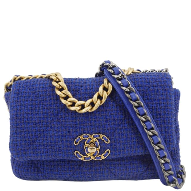 CHANEL 19 Flap Quilted Tweed Shoulder Bag Blue in Blue Tweed from Dallas Designer Handbags, photo 1 of 1
