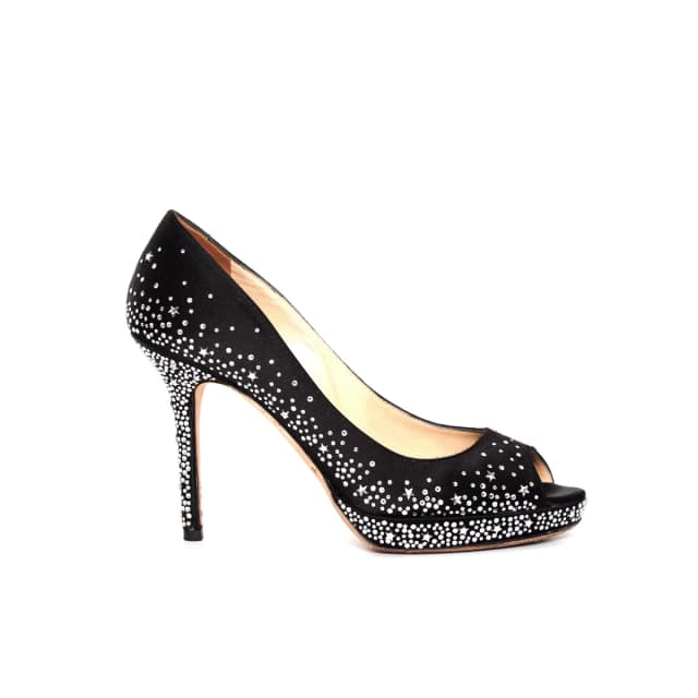 Jimmy Choo The Dali Swarovski Crystal Platform Satin Peep Heels in Satin from Revivre Luxury Consignment, photo 1 of 1