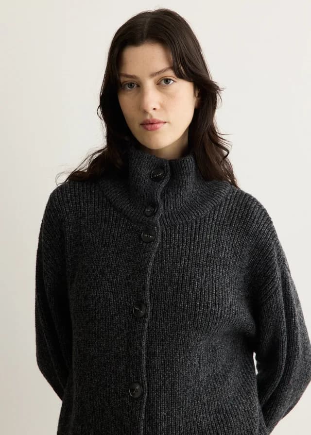 Incu Collection Hunter Funnel Rib Cardigan in BLACK MELANGE, image 1 of 1 from Incu