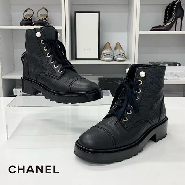 Chanel CC Logo Leather Pearl Lace-up Short Boots Black in Black Leather from The Reluxe, photo 1 of 1