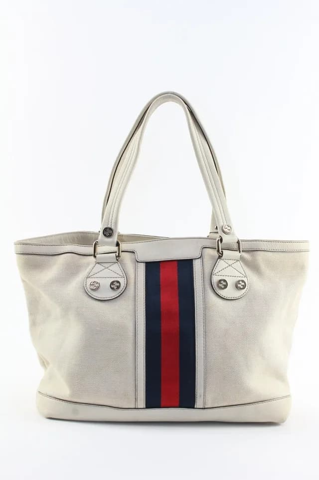 Gucci Navy Web Ivory Tote in White Leather from Bagriculture, photo 1 of 1