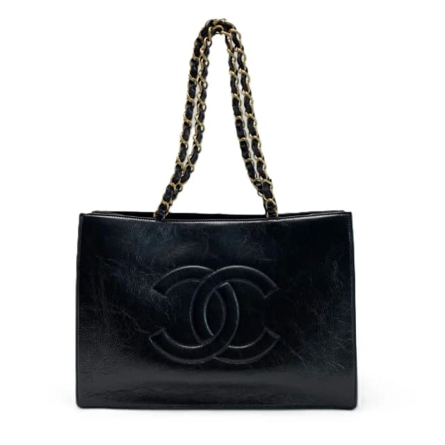 Chanel CC Logo Chain Shoulder Shiny Aged Calfskin Black With Card Tote Bag in Black Calfskin from The Reluxe, photo 1 of 1