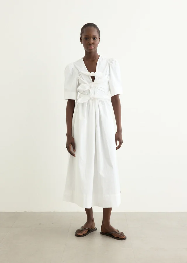 Ganni Washed Stretch Cotton Tie Strap Midi Dress in Bright White, image 1 of 1 from Incu