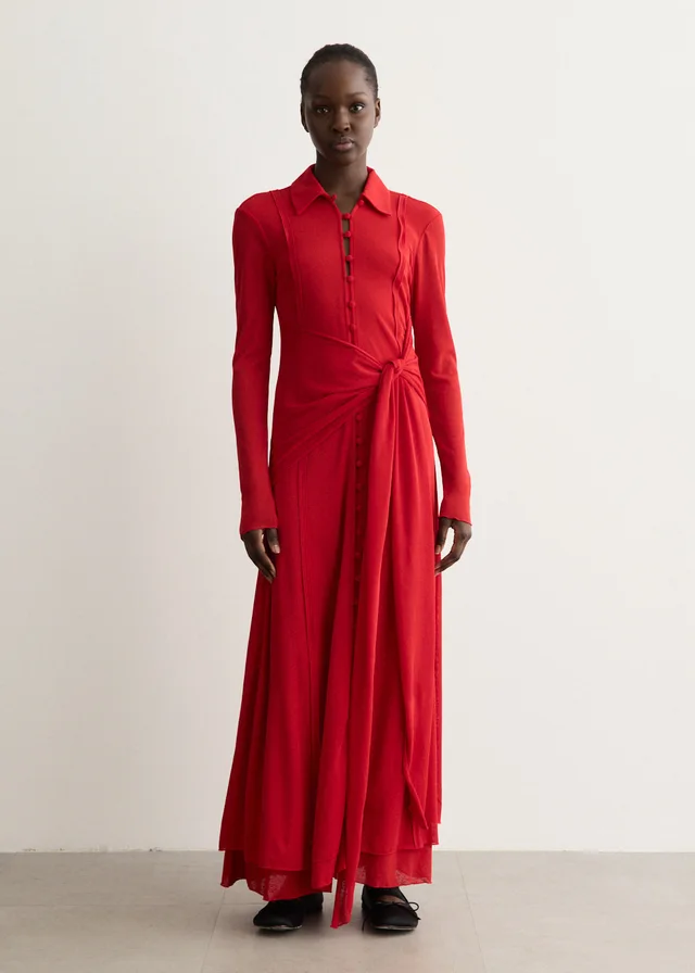 Ganni Marl Mesh Long Sleeve Maxi Tie Dress in Goji Berry 06P, image 1 of 1 from Incu