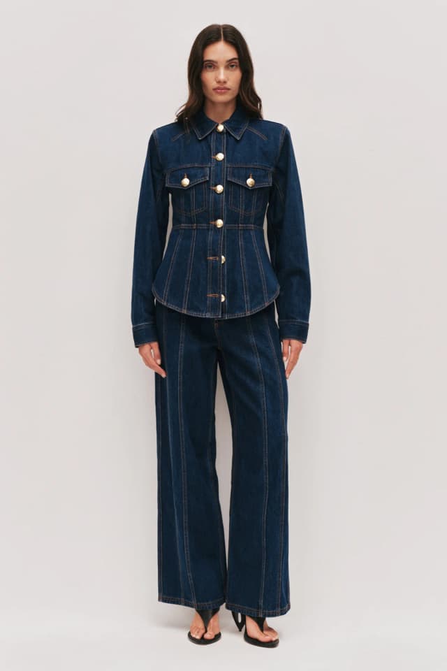 AJE Elodi Corset Denim Shirt in DARK CLASSIC WASH, image 1 of 1 from Aje