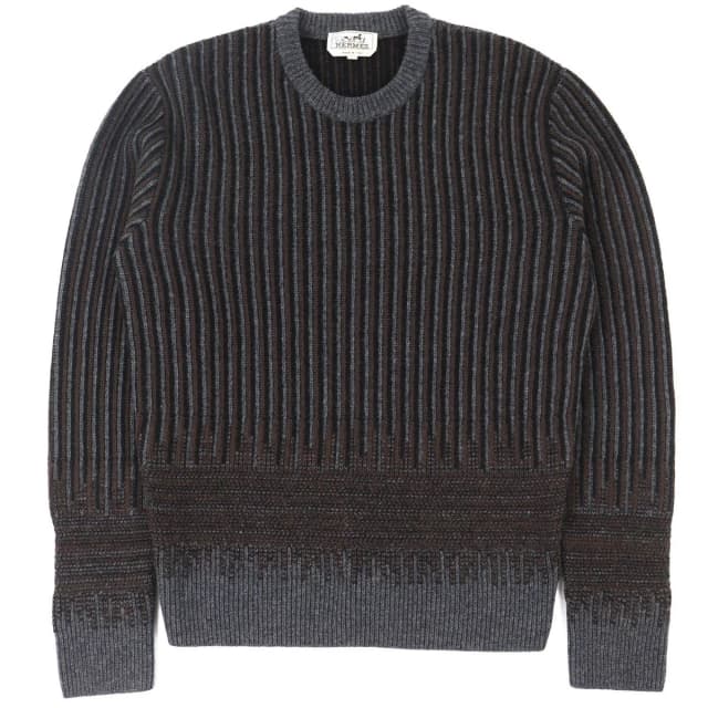 Hermès Wool Cashmere Striped Long Sleeve Knit Sweater Gray Brown Black M Made in Black Cashmere from The Reluxe, photo 1 of 1