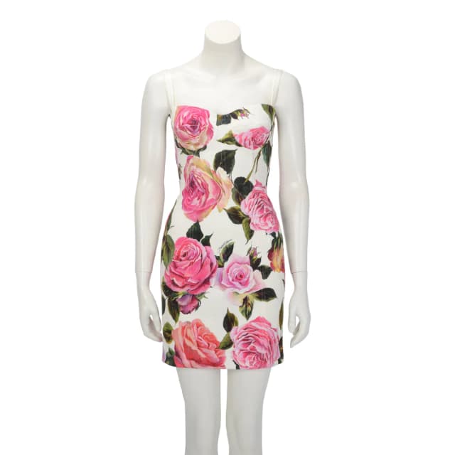 Dolce & Gabbana Rose Print Mini Dress IT 40 in White Silk from Blue Spinach, photo 1 of 1